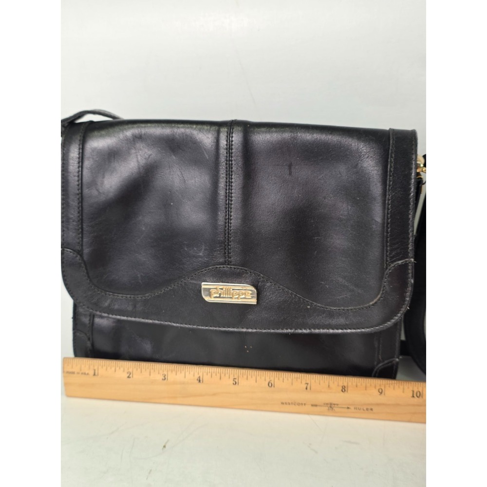 Vintage Philippe Women's Crossbody‎ Bag Black Leather Shoulder Bag Purse - Picture 10 of 15